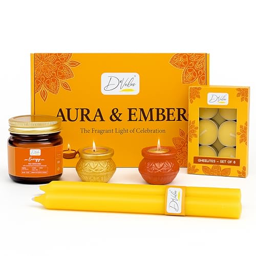 Image of D'Velas Aura & Ember Gift Box - Aromatherapy Candle, Scented Diyas, Cow Ghee Tealights & Colored Stick Candles | Luxury Holiday Hamper for Home Decor, Festive Celebration & Gifting