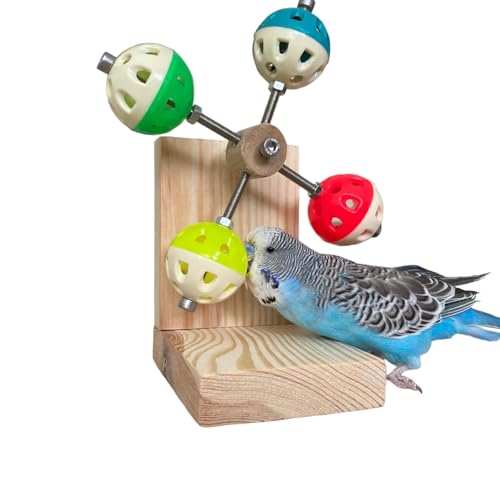 Rotating Interactive Wooden Toy with Bell Balls for Birds, Budgies, Budgerigars, Parakeets, Parrots, Cockatiels, Parrotlets, Lovebirds, Ringnecks, Conures