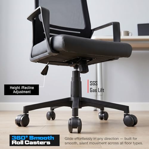 Image of DROGO Lumina Ergonomic Premium Leatherette Office Chair for Work at Home, Computer Chair with Fixed Armrest, Height Adjustable Leather Seat, Rocking, Breathable Mesh & Curve Lumbar Support (Black)