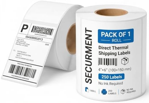 SECUREMENT® White Direct Thermal Shipping Labels 4" x 6" (100 x 150 mm) | 250 Labels Per Roll | Self Adhesive Barcode Label Roll | Compatible with Direct Thermal Label
