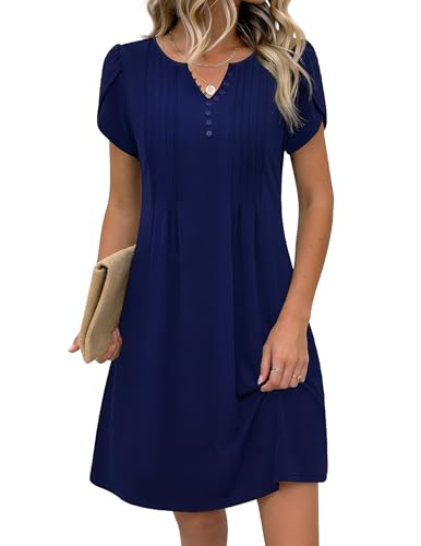 Zeagoo Blue Dress for Women 2026 Women's Casual Dress with Pockets Short Sleeve A Line Summer Dress Swing Petite Shift Dresses Knee Length Sundress