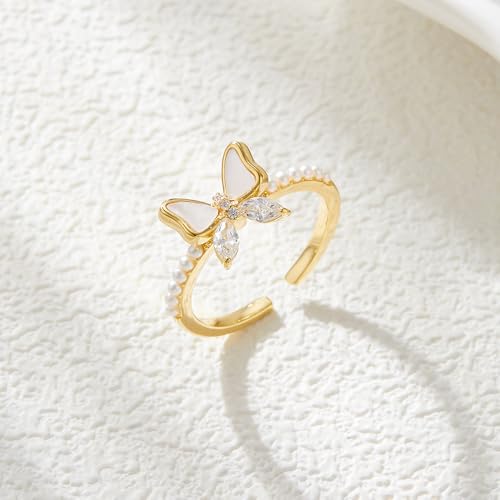 Kokoma Delicate Butterfly Ring for Women Cubic Zirconia Pearl Statement Ring Open Finger Band Engagement Promise Rings Adjustable Wedding Bands4