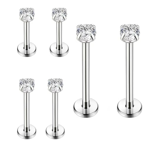 zoerbufan 3 Pares 16G Acero Inoxidable Tragus Piercing para Mujeres Hombres Pendientes Nariz 6/8/10 MM Cubic Zirconia Helix Piercing Labio Stud Piercing Oreja Cartilago Joyas