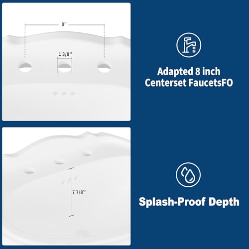 20 x 26 Inch Bathroom Pedestal Sink, Classic Freestanding Ceramic Sink with Overflow Hole, Vintage White Bathroom Sink with 3 Pre-Drilled Holes for 8 Inch Faucets