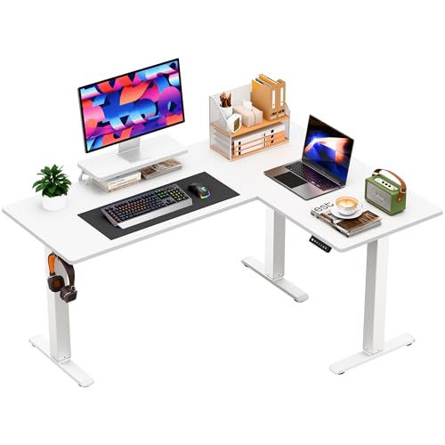 Image of Furmax 63 x 47 Inch L Shaped Standing Desk with 2 Preset Heights, Electric Height Adjustable Computer Desk, Corner Sit Stand Desk for Home Office, 2 Hooks & Feet Balance (White, 63 x 47 Inch)