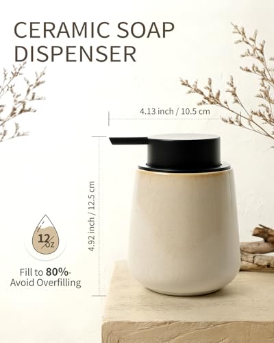 Image of BosilunLife Hand Soap Dispenser - Ceramic Dish Soap Dispenser for Bathroom 12ounce Refillable Liquid Hand Wash Dispenser for Essential Oil, Lotion Soap, Greige with Speckle