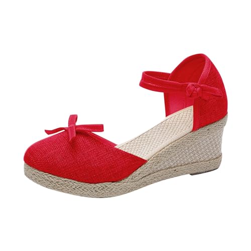 Sandales espadrilles femme bout fermé talon compensé haut chaussure plage respirante rouge 38