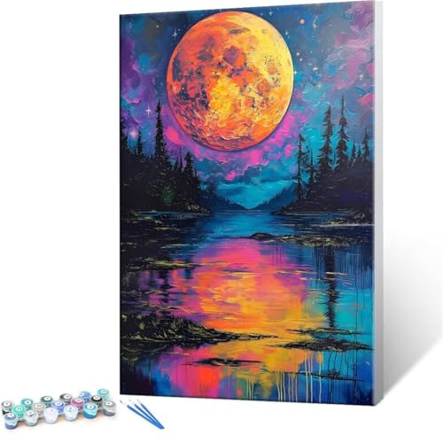 数字油絵 数字塗り絵 デジタル油絵 月 湖 数字キットでペイントブラシとアクリル絵の具が入, 大人の子供のためのギフト Paint by Numbers 手塗り DIY 数字によるアクリル 水彩絵画インテリア リビング装飾 35x50cm (フレームレス)