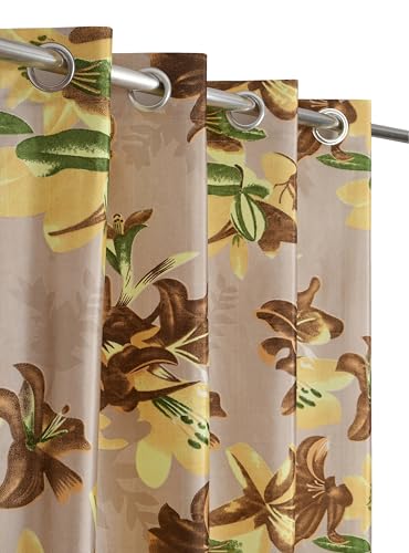 Image of Digital Printed Big Flower Eyelet Polyester Curtains - Brown, 9 Feet, Pack of 2