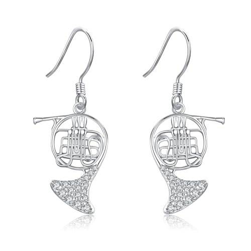 French Horn Gifts Sterling Silver Music Instrument Dangle Earrings for Women