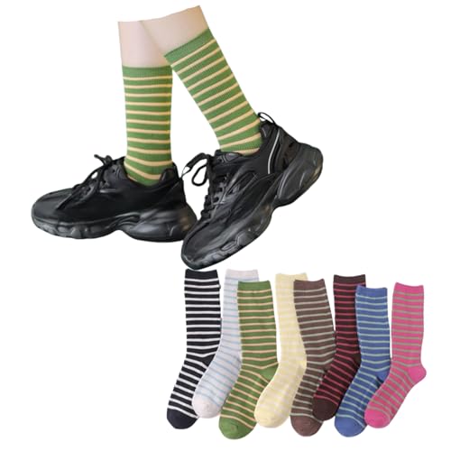 Striped Socks High Ankle Women Cotton 8 Pairs Double-Needle Retro Style Cute Casual Crew Socks