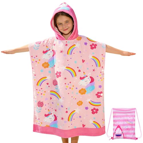 Domueay Serviette de Bain Enfants Filles, Microfibre Poncho de Bain à Capuche, Rose Lamas Motifs Absorbant Doux Peignoir de Bain pour Bain Piscine Plage, 75x180cm, pour 6-15 Ans