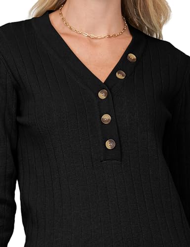 Image of MEROKEETY Women's 2025 Long Sleeve V Neck Ribbed Button Knit Sweater Solid Color Tops