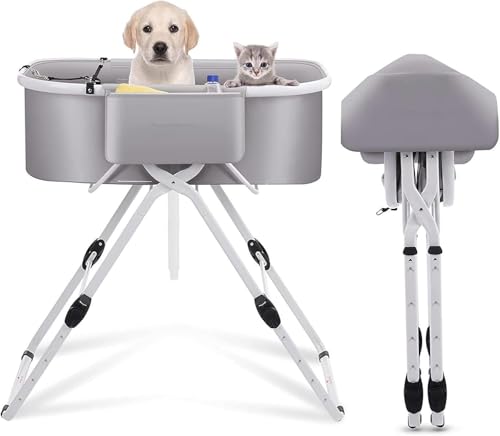 ペット お風呂 ペット バスタブ 犬用 猫用 シャワープール 浴槽 折り畳み 5段階の高さ調節 大容量 収納 コンパクト ポータブルバス 持ち運び ペット用 犬用 猫用 漬け置き洗い 耐磨 防水 丈夫 室内外に適用 (グレー)