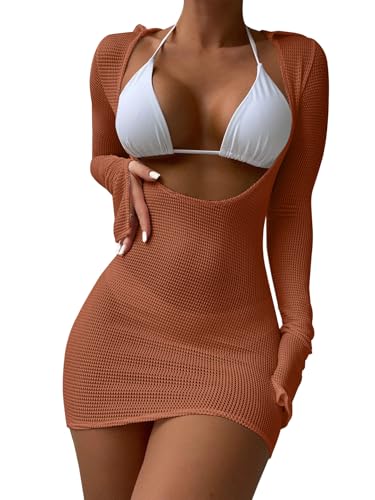 Image of Lilosy Sexy Crochet Sheer Long Sleeve Cover Up Swim Bathing Suit Beach Dress One Piece