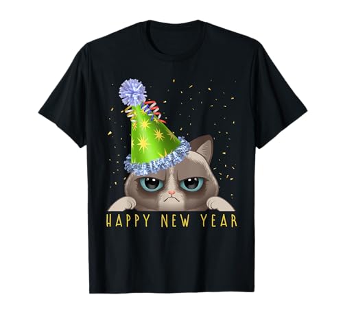 Frohes Neues Jahr 2026 Lustige Silvester Katze mit Party Hut T-Shirt