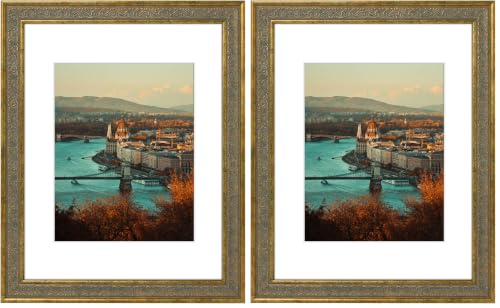 Image of Golden State Art, 11X14 Ornate Finish Photo Frame with White Mat for 8x10 Picture & Real Glass. Color: Distressed Gold (Pack of 2)
