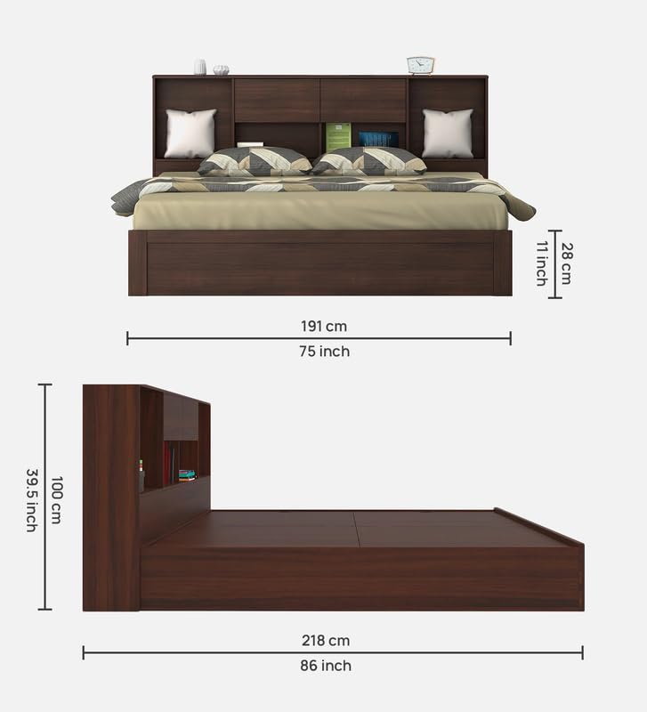 Image of Mintwud Pepperfry Engineered Wood King Size Bed with Box Storage | Wooden Double Bed Cot Palang Furniture with Headboard for Home Bedroom Living Room and Hotel - Walnut Finish