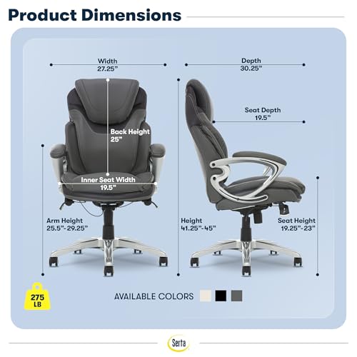 Image of Serta Bryce Executive Office Chair - Ergonomic Computer Desk Chair with Patented AIR Lumbar Technology - Adjustable Height - Memory Foam Body Pillows - 360 Swivel Rolling Base - Bonded Leather - Gray