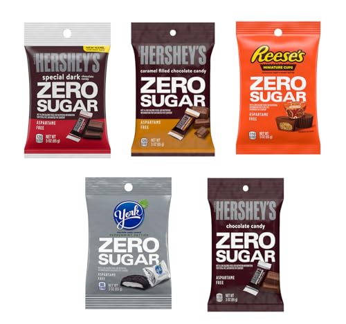 Smiling Sweets Zero Sugar Hershey Variety of Caramel Filled Chocolates, Peppermint Patties, Peanut Butter Cups, Perfect Stocking Stuffer, Amazing Taste for the Whole Family - 3 oz Bags (Pack of 5)