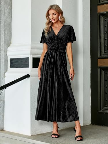 Image of Simplee Women's V Neck Velvet Maxi Dress Short Sleeve Empire Waist Long Formal Dress for Wedding Guest