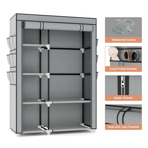 VTRIN Wardrobe Closet, 41.7 Inch Wide Portable Closets for Hanging Clothes with 1 Hanging Rod, 6 Shelves, 6 Pockets, Clothes Rack with Cover Portable Wardrobe Closet for Bedroom, Dorm, White by VTRIN - Image 4