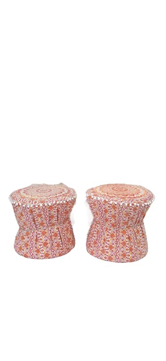 Jagdamba Handicraft Rajsthani Style White Background with Red and Yellow Color Flower Leaf Design Pouf Mudda Cover Size 18X17 Inch Orange-image-37