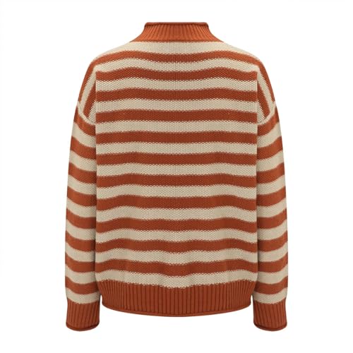 Women's Retro Striped Contrast Half Turtleneck Sweater Orange and White Knitted Loose Causal Bottoming Sweaters2