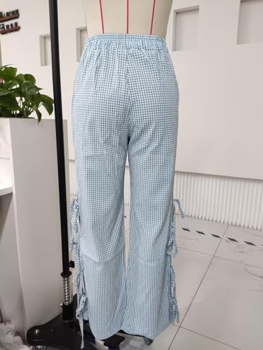 Image of Y2K Gingham Pants for Women Bow Tie Side Slit Wide Leg Lounge Bottom Plaid Checkered Loose Fit Going Out Pants
