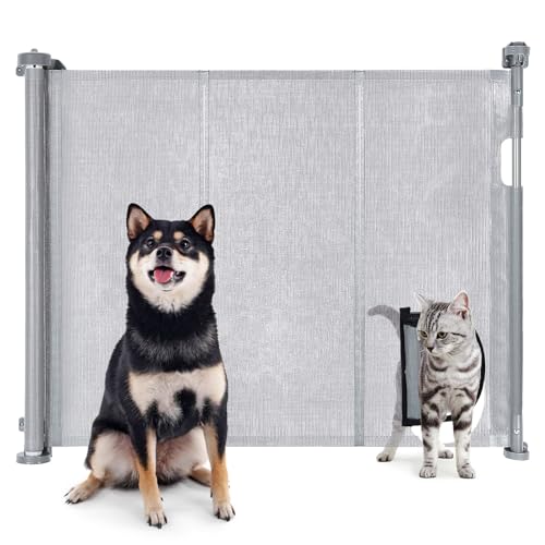 Ownpets Retractable Pet Gate Extra Wide and Extra Tall Indoor Outdoor Extends up to 180cm Wide, 79cm Tall, Cat Through Window, Grey