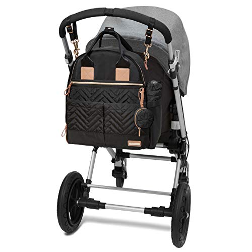 Skip Hop 200675, Multi-Function Baby Travel Bag with Changing Pad, Stroller Straps, Bottle Bag and Pacifier Pocket, Vegan Leather, Black with Gold Trim, Suite 6-in-1 Diaper Backpack Set
