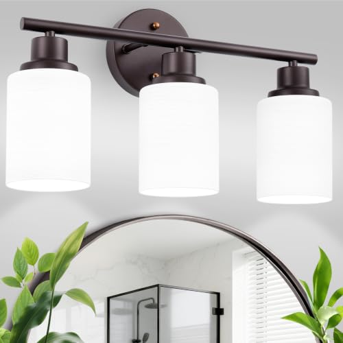Image of 3-Light Bathroom Light Fixtures, Vanity Lights for Mirror with Textured Milky White Glass Shade, Modern Kitchen Light Fixtures Wall Sconce Light - E26 Base - Oil-Rubbed Bronze