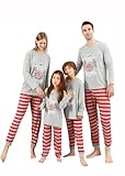 VNVNE Christmas Pajamas for Family Matching Sets, Grey Holly Christmas Printed Top and Striped Pants Holiday Xmas PJs for Women Men Adults(Women,XL)