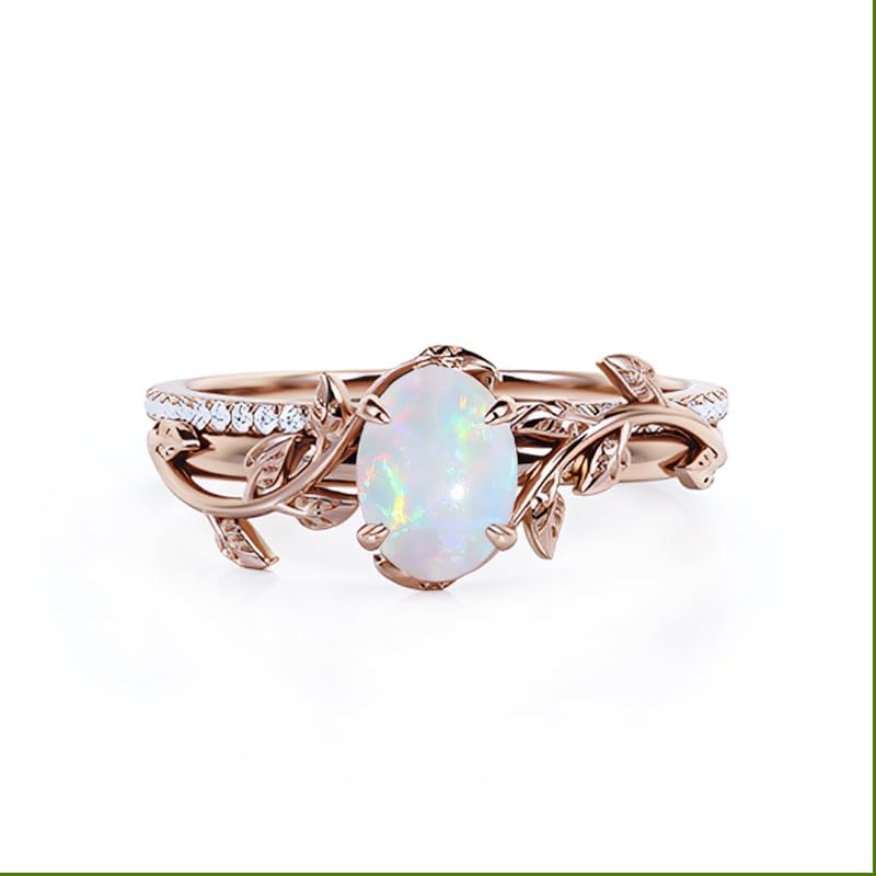1.5ctw Rose Gold Oval Opal Engagement Rings 925 Sterling Silver Leaf Opal Bridal Sets Dainty Promise Ring for Women2