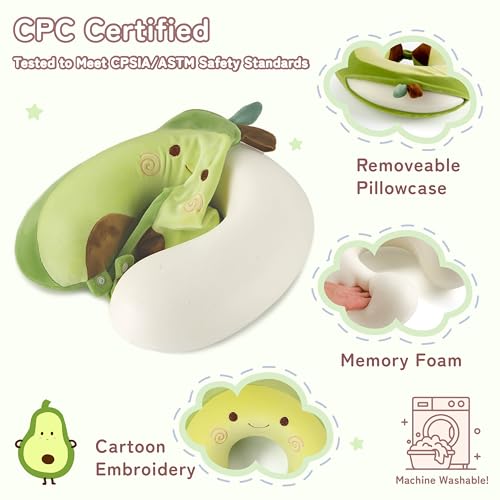 Image of Kids Travel Neck Pillow for Ages 3-8, Memory Foam, Removable Cover, Avocado | Machine washable, 13 in neck size, hidden zipper, 360-degree head and chin support, car seat and airplane use