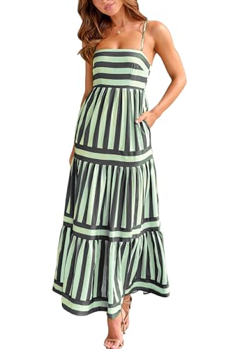 Image of KMBANGI Women Striped Sleeveless Maxi Dress Swing Patchwork Midi Dress Smocked Spaghetti Strap Colorful Long Sundress