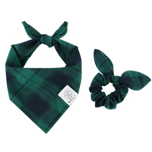 E-Clover Christmas Dog Bandanas Boy & Matching Scrunchie Set Plaid Dog Bibs Scarf Triangle Kerchief Bandana For Medium Large Dogs Birthday Gifts Pet Owner Mom Green cover