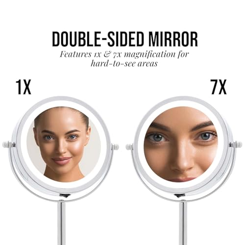 Image of OVENTE 6 inch Lighted Tabletop Round Vanity Mirror, Polished Chrome MLT60CH1X7X | Cordless Magnifying Makeup Mirror with Double Sided 1X /7X Magnification, 360 Rotation, Cool Tone LED Light, Battery Operated