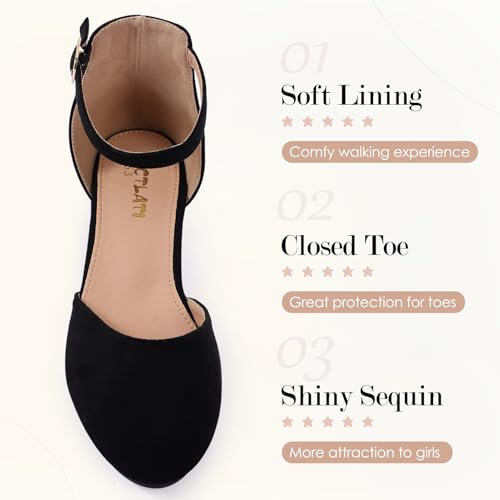 Girls Glitter Dress Shoes - Closed Toe Chunky High Heels with Ankle Strap for Back to School Bash, Weddings, Parties (Big Kid)2