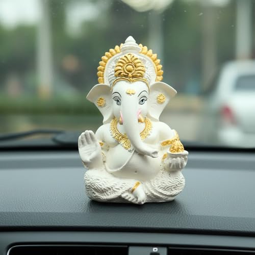 Image of White & Gold Ganesha Idol Car Dashboard Idol Ganesha Murti Ganpati Idol for Home Decor Pooja Lord Ganesh Statue Gift for Office Desk Pooja Room (Ganesha Resin White & Gold)