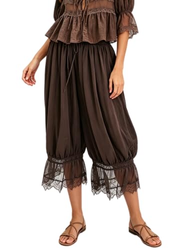 Image of UAURORAO Women Lace Trim Bloomer Pants Flowy Culottes Pantaloons Bloomers