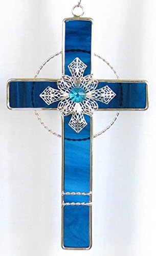 Stained Glass Cross with Filigree Design – Blue 9 x 5 Inches – Silver Plated Finish for Strength and Beauty – Inspirational Hanging Home Decor