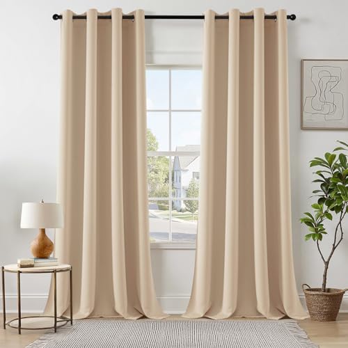 EMEMA Rideau Occultant Beige à Oeillets 140x245 CM Lot de 2 Rideaux Opaque Doux et Esthétiques Occultant Thermiques Anti Chaleur Intérieurs Rideaux Salon...