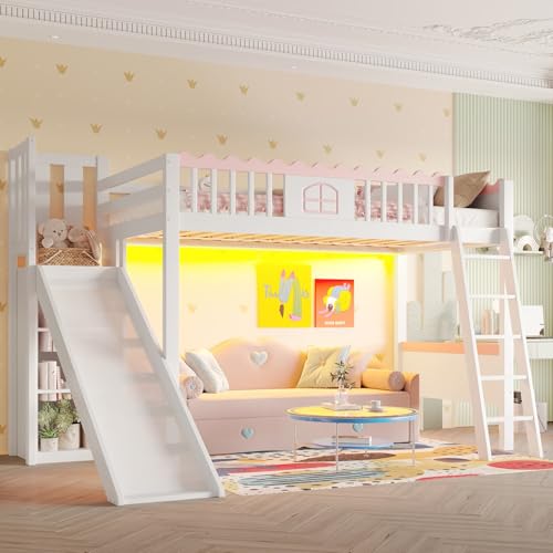 YEHTOKHOME Lit Loft 90x200cm avec étagères et lumières LED,Moderne lit Simple avec Toboggan et escalier,Multifonctionnel lit en Bois avec Garde-Corps et sommier à...