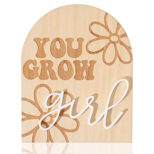 Image of You Grow Girl Wooden Sign, Daisy Nursery Decor, Daisy Room Decor for Girls, Baby Announcement Sign, Flower Arch Decor, Baby Grow Decor, Wooden Plaque for Girl Boy Room Photo Props (White)