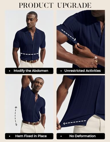 Men's Knit Button Down Shirt Short Sleeve Vintage Hollow Out Polo Shirts Summer Casual Beach Tops Navy Blue M - image 5