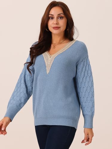 Women's Long Sleeve Sweaters Lace V Neck Knit Winter Outfits Drop Shoulder Pullover Sweater Small Blue2