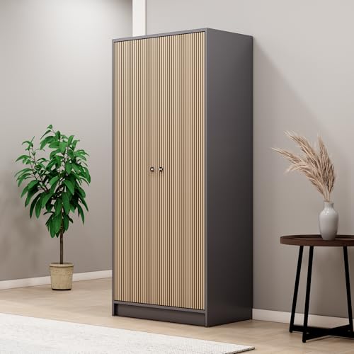 Image of Bniture Luxe 2 Door Wooden Wardrobe for Bedroom with Shelf & Lockable Drawer | Almirah for Clothes with Vertical Slatted Panels | Cupboard for Bedroom with Elevated Base | Grey & Giant Wood