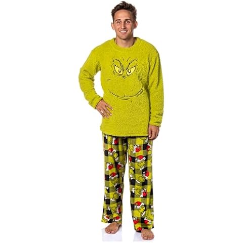 Dr. Seuss GRINCH Men's Santa Plaid Plush Fleece Adult Pajama Sleep Set, 2X-Large Green Cover