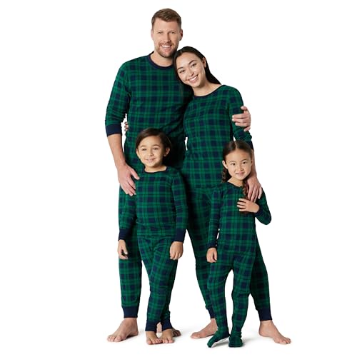 Amazon Essentials Unisex Kids' Matching Holiday Family Pajama Sets, Dark Emerald Green Navy Plaid, 8